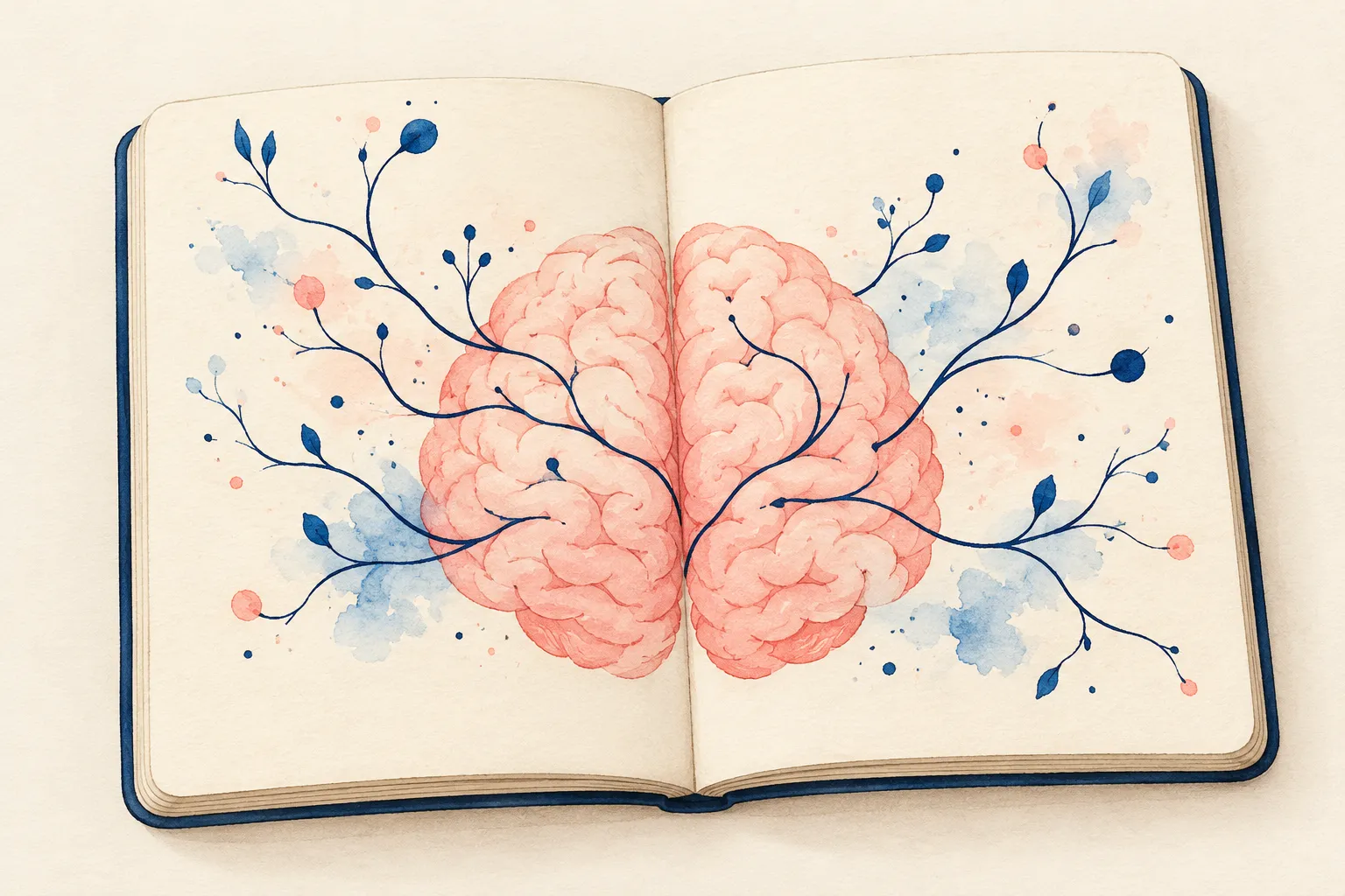 Un quaderno aperto con un cervello rosa e ramificazioni blu disegnati sulle pagine.