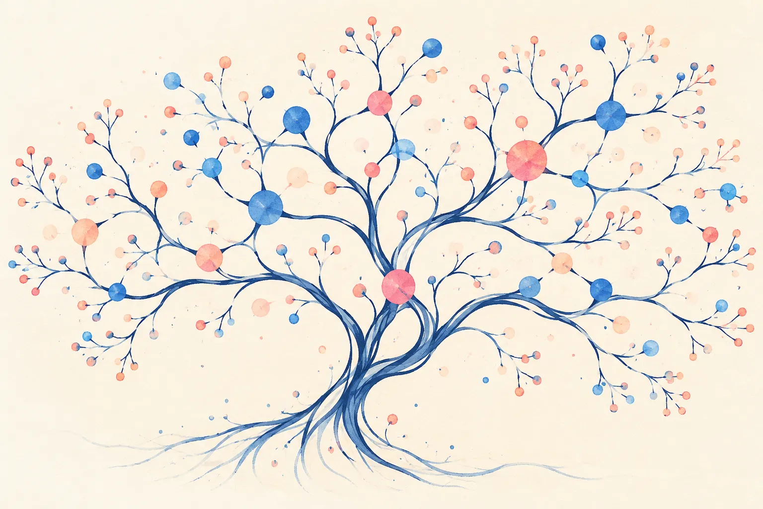 Una rete di connessioni blu e rosa che si espande come la chioma di un albero.